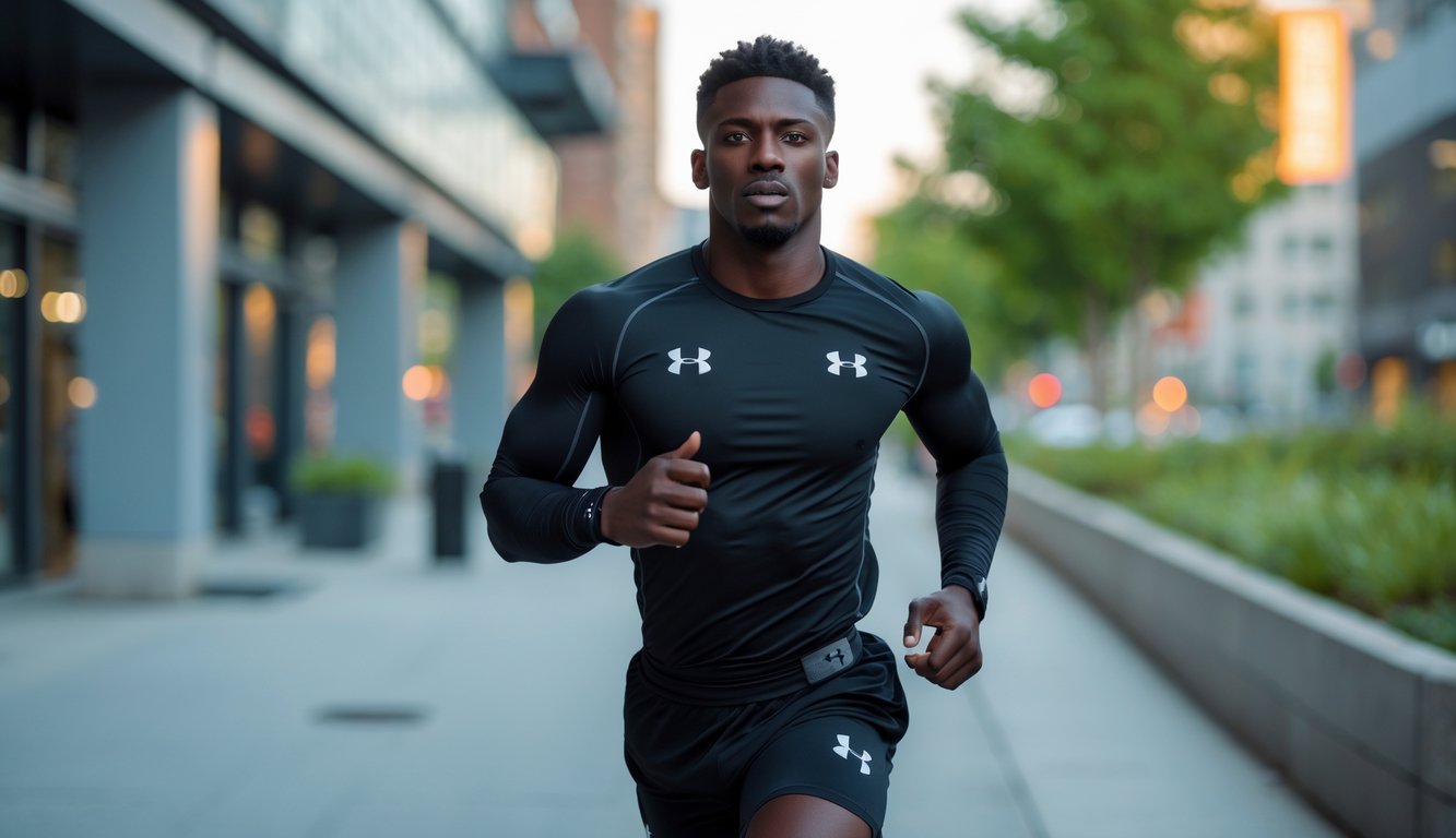 Seorang atlet pria mengenakan pakaian olahraga sedang berlari di trotoar kota dengan latar belakang gedung dan pohon.