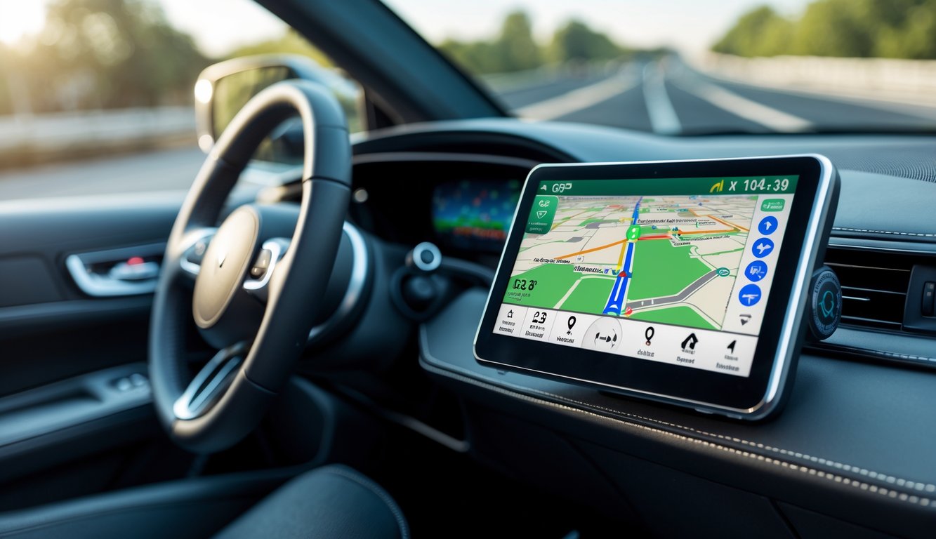 Perangkat GPS modern terpasang di dashboard mobil dengan peta dan rute yang terlihat jelas.
