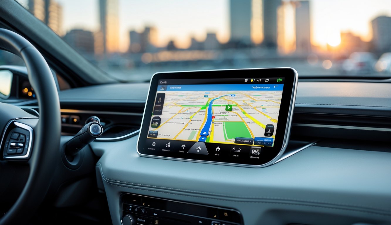 Sistem navigasi mobil yang menampilkan peta dan rute di layar sentuh dalam kabin mobil modern.
