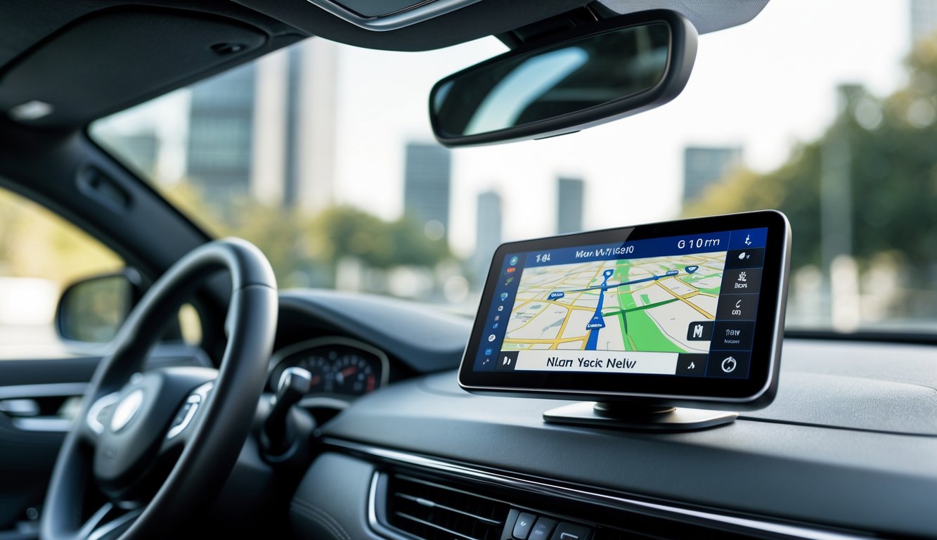 Interior mobil modern dengan perangkat GPS yang menampilkan peta dan rute yang akurat di dashboard.