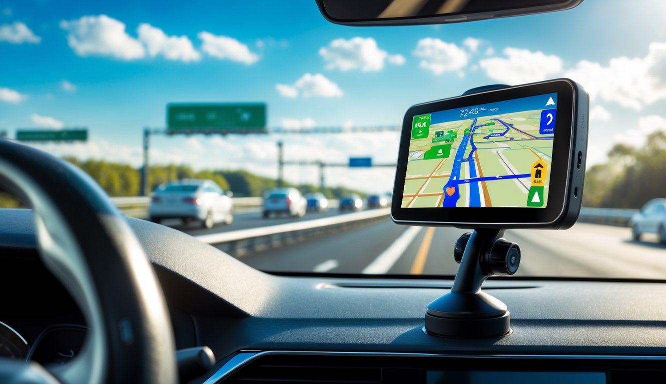 Perangkat GPS modern terpasang di dashboard mobil yang menunjukkan peta dan rute di jalan raya yang ramai pada siang hari.