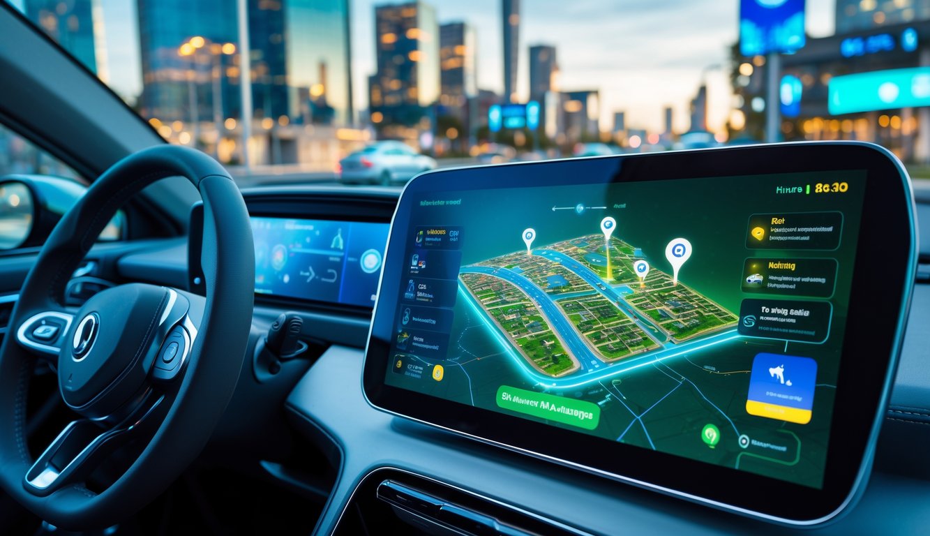 Sebuah sistem navigasi GPS futuristik di dalam mobil dengan pemandangan kota pintar di luar jendela.
