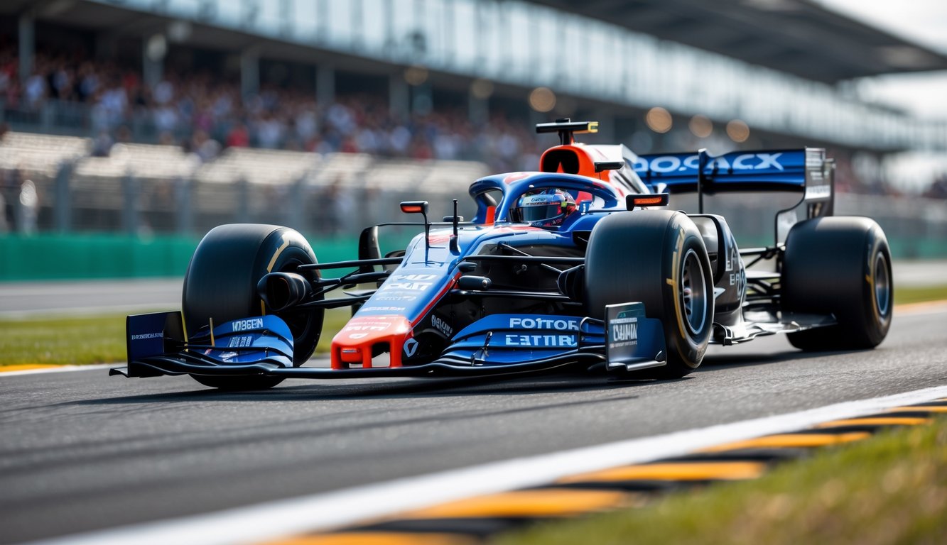 Mobil balap Formula 1 modern sedang melaju di lintasan balap dengan latar belakang tribun penonton.