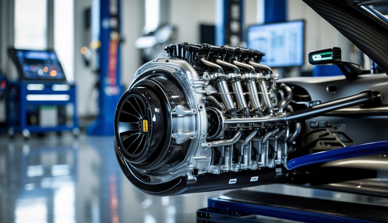 Foto close-up mesin mobil Formula 1 yang canggih dengan komponen mekanik dan alat teknologi di bengkel.