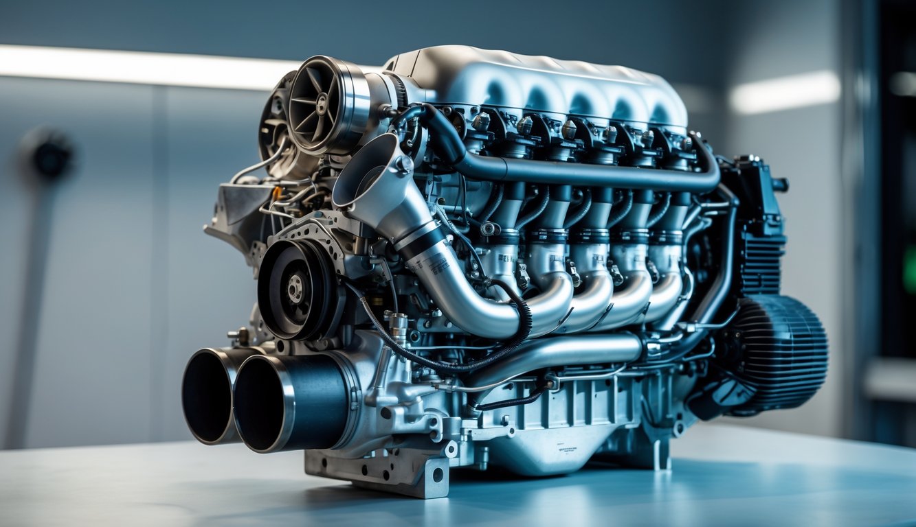 Mesin Formula 1 modern dengan komponen mekanis yang rumit di atas permukaan bersih dalam lingkungan bengkel otomotif.