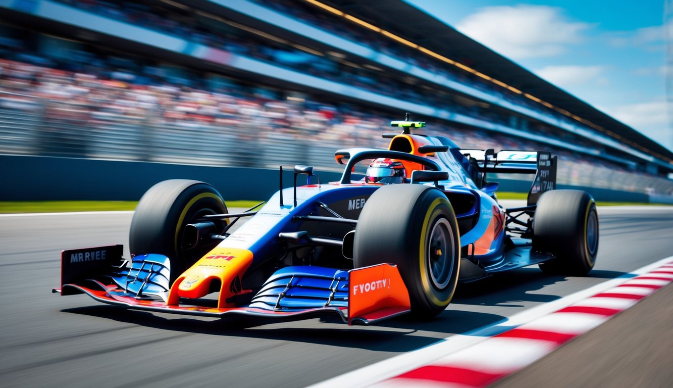 Mobil balap Formula 1 berkecepatan tinggi melaju di lintasan balap dengan latar belakang tribun penonton dan langit biru.