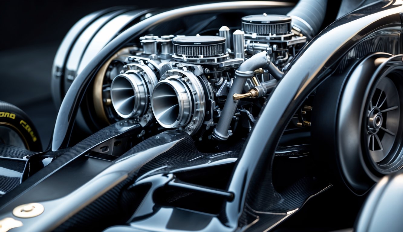 Mesin Formula 1 yang canggih dengan komponen logam dan serat karbon yang terlihat jelas.