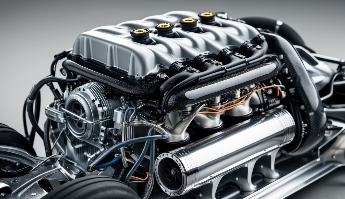 Mesin mobil Formula 1 yang rumit dan detail dengan komponen logam dan serat karbon terlihat dari dekat.