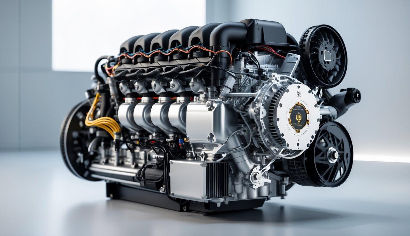 Mesin Formula 1 hybrid modern dengan detail komponen mekanis dan teknologi hibrida dalam latar belakang yang minimalis.