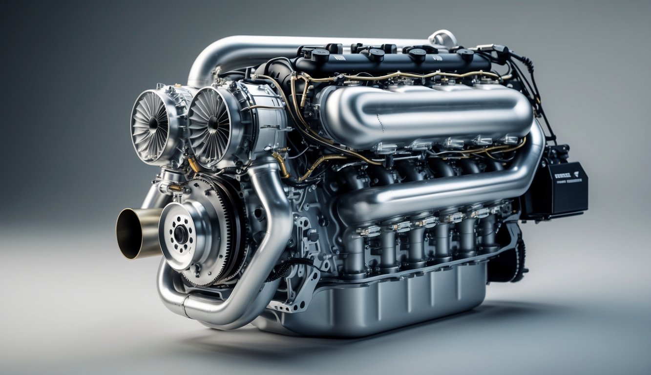 Mesin Formula 1 V6 turbo dengan detail mekanis yang rumit dan komponen teknik canggih.