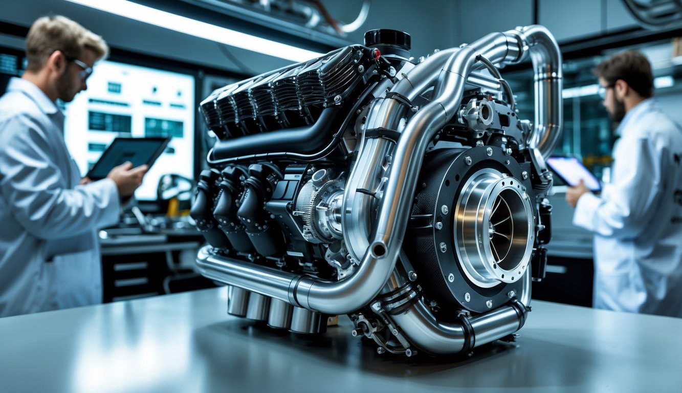 Mesin mobil Formula 1 yang modern dan canggih di bengkel teknik dengan insinyur yang sedang bekerja di latar belakang.