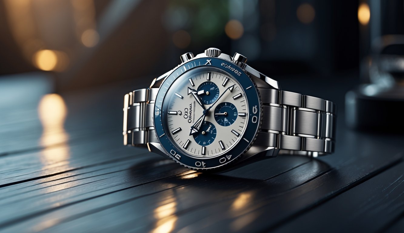 Jam tangan Omega mewah diletakkan di atas permukaan kayu gelap dengan pencahayaan hangat.