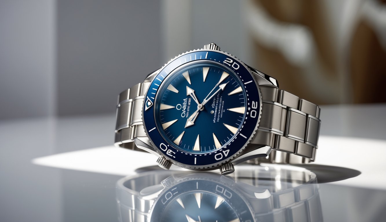 Foto jam tangan Omega Seamaster dengan tali logam dan dial biru, diletakkan di permukaan reflektif dengan latar belakang buram.