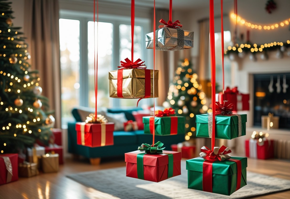Living room decorated for Christmas with colorful gift boxes hanging from the ceiling and a decorated Christmas tree in the background.