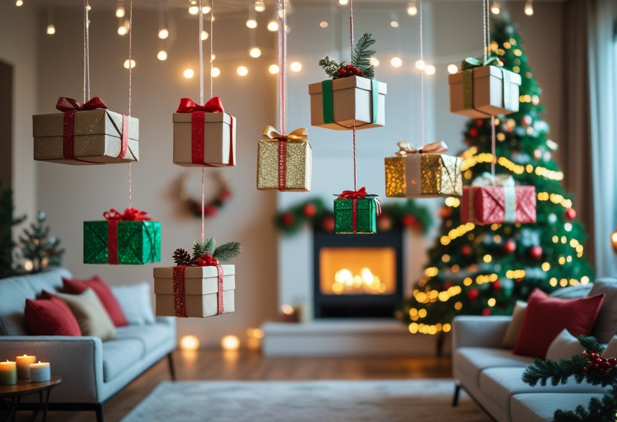 A living room decorated for Christmas with hanging gift boxes in festive wrapping suspended from the ceiling, a decorated Christmas tree, and a cozy fireplace.