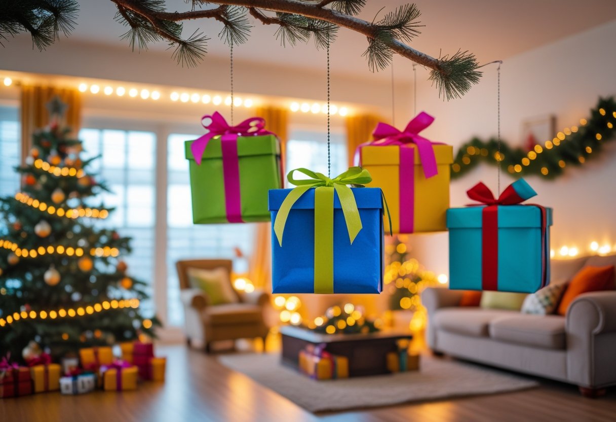 A cozy living room decorated for Christmas with colorful gift boxes hanging from the ceiling and a decorated Christmas tree in the background.