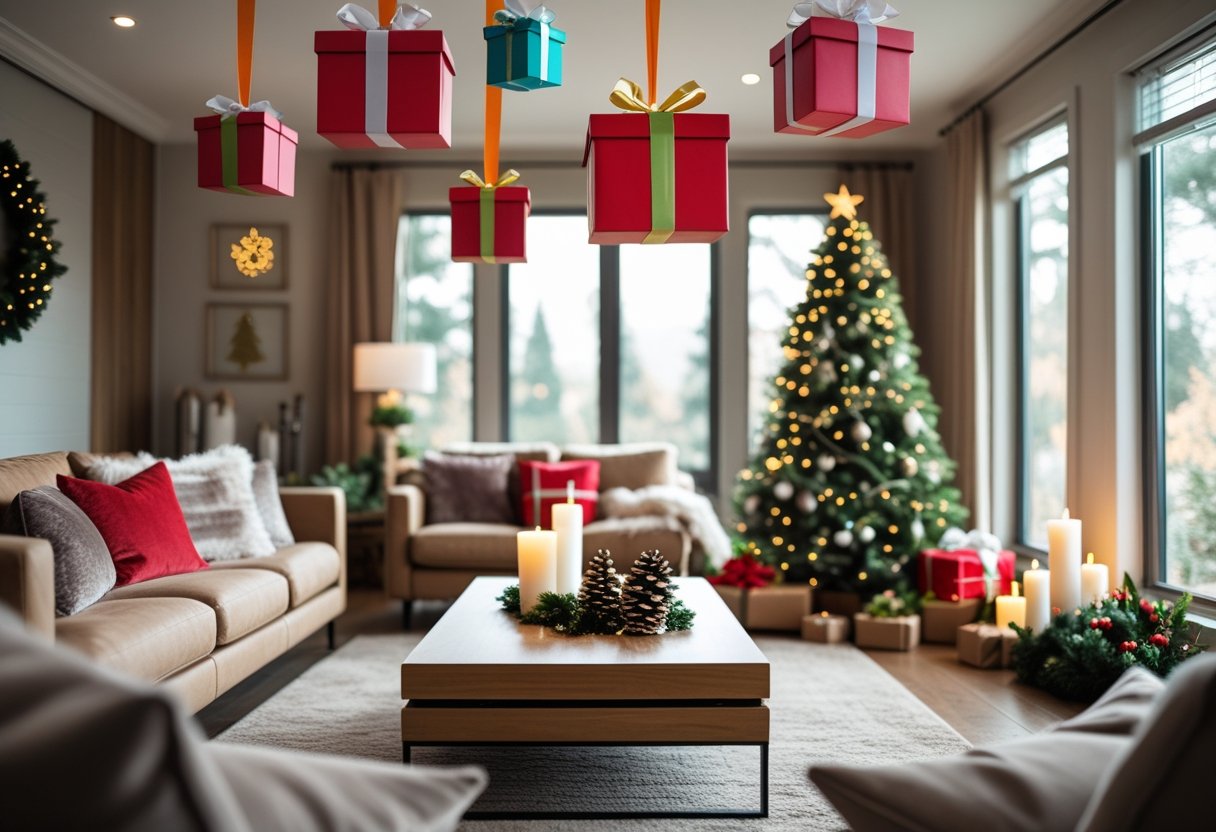 Living room decorated for Christmas with colorful gift boxes hanging from the ceiling, a Christmas tree, and cozy furniture.