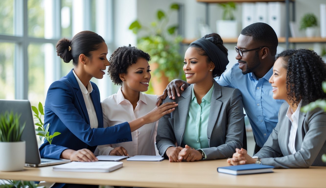 Sekelompok rekan kerja sedang berdiskusi dengan penuh perhatian dan saling mendukung di kantor.