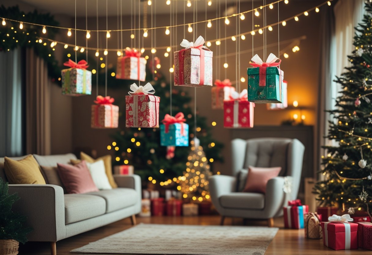 A living room decorated for Christmas with colorful gift boxes hanging from the ceiling above a sofa and a decorated Christmas tree in the background.