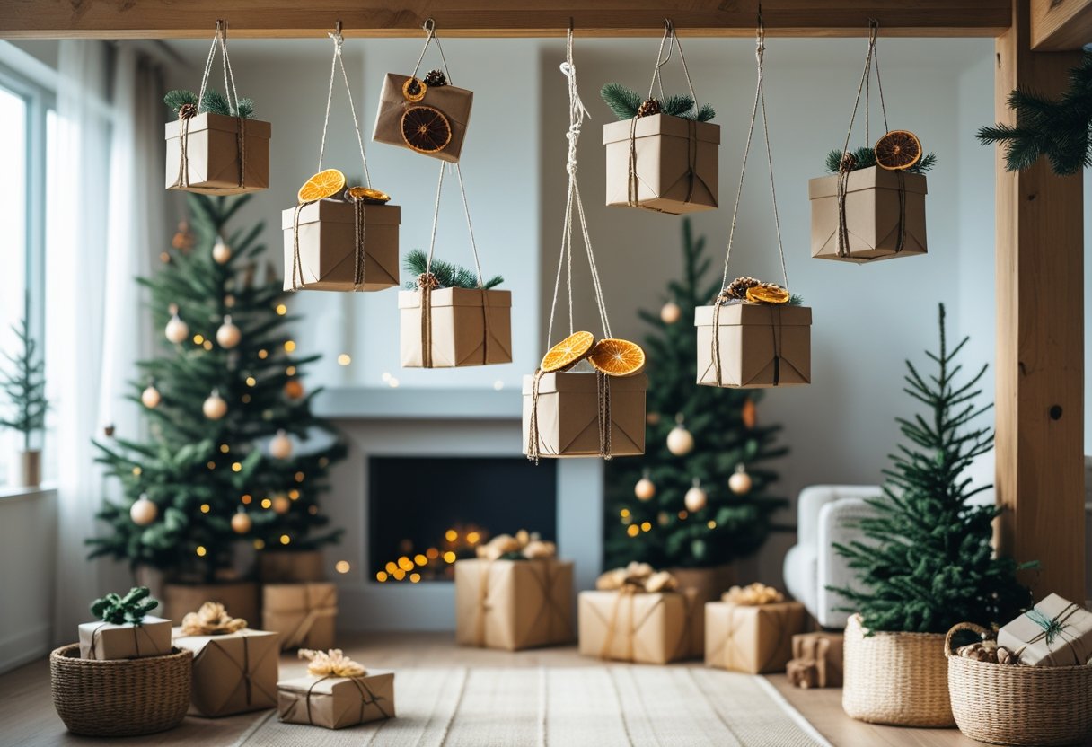 Living room decorated for Christmas with hanging gift boxes made from recycled materials, a minimalist Christmas tree, and natural holiday decorations.