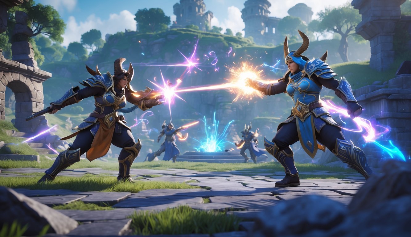 Dua pahlawan bertarung di medan pertempuran fantasi dengan hutan dan reruntuhan di latar belakang.