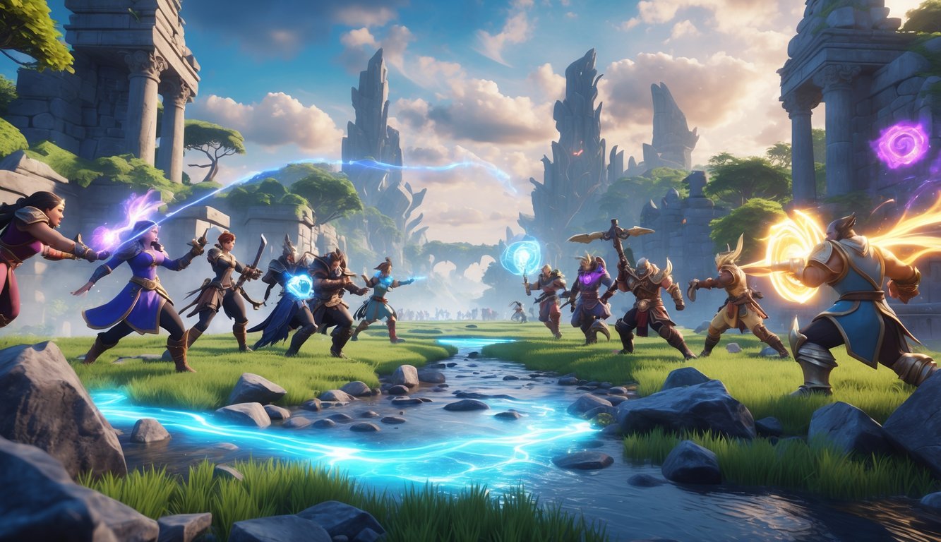Pertarungan intens antara dua tim pahlawan di medan pertempuran fantasi dengan pepohonan, reruntuhan, dan sungai di tengah.