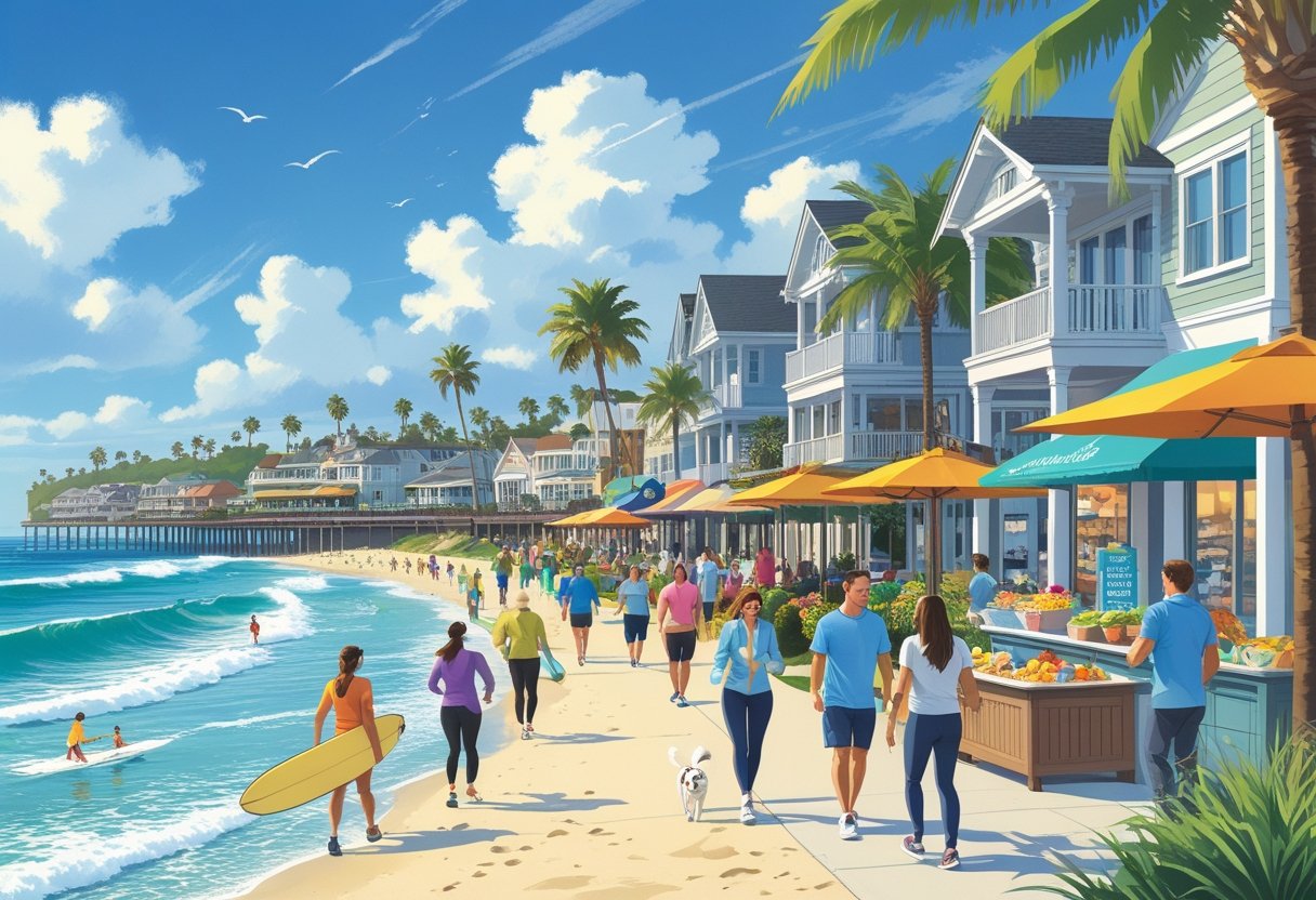 Why are huntington beach homes so expensive? A coastal neighborhood with upscale houses near the beach, people surfing, jogging, dining outdoors, shopping, and enjoying a sunny day by the ocean and pier.