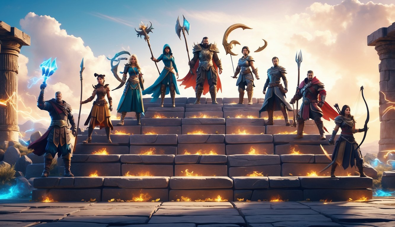 Sekelompok karakter pahlawan fantasi berdiri di atas platform bertingkat dalam pemandangan lanskap magis yang dramatis.