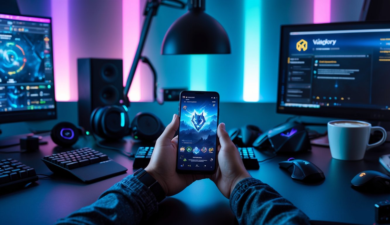 Seseorang memegang ponsel dengan permainan Vainglory di layar, duduk di depan meja dengan perlengkapan gaming dan monitor di latar belakang.