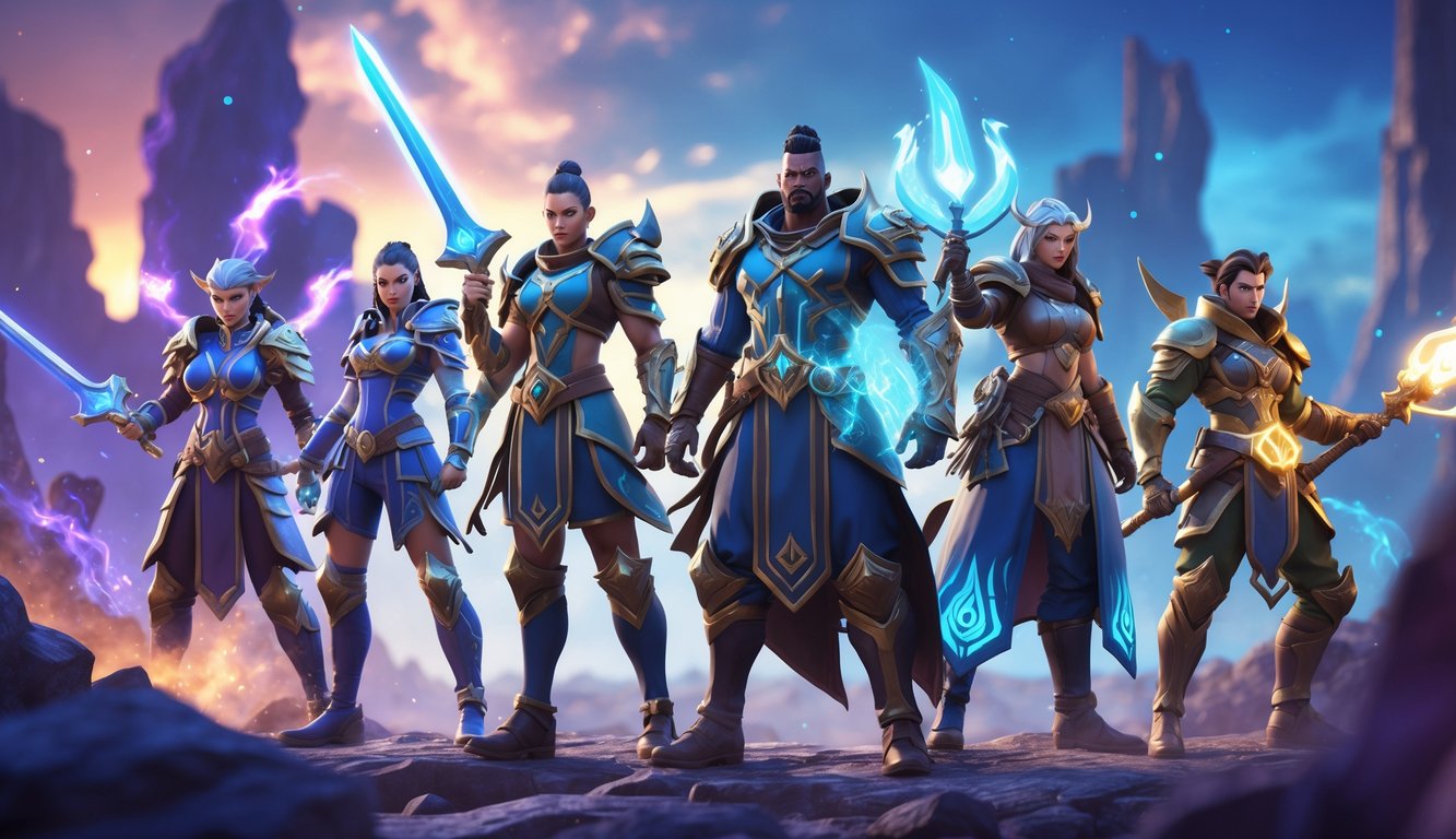 Sekelompok pahlawan berbusana futuristik berdiri di medan pertempuran dengan latar langit bercahaya dan reruntuhan mistis.