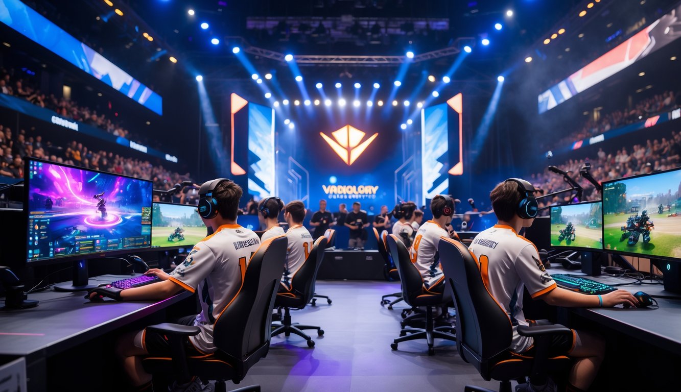 Suasana turnamen esports Vainglory dengan pemain fokus bermain di arena yang dipenuhi penonton dan layar besar menampilkan permainan.