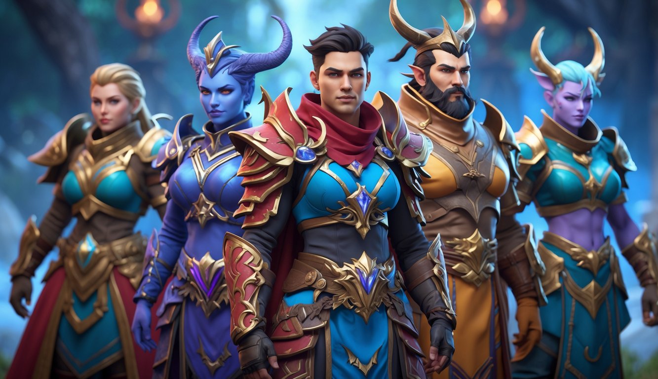 Sekelompok karakter pahlawan dengan kostum warna-warni dan detail rumit berdiri di latar belakang fantasi yang mistis.