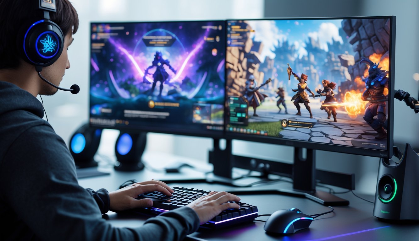 Sebuah ruang kerja dengan komputer dan dua layar yang menampilkan adegan permainan video fantasi dan seseorang yang sedang bekerja dengan perangkat game.