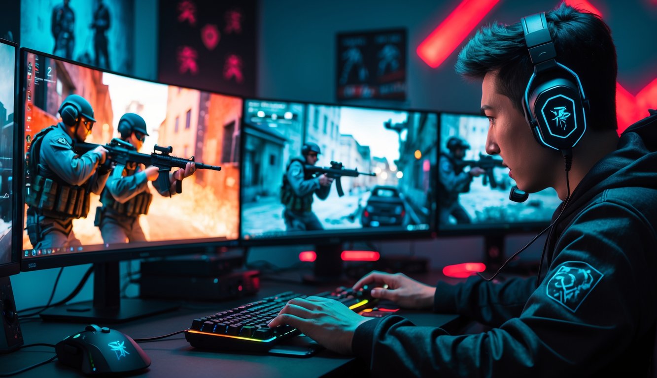 Seorang pemain muda fokus bermain game tembak-tembakan online dengan headset di ruang gelap yang diterangi lampu warna-warni dari monitor.
