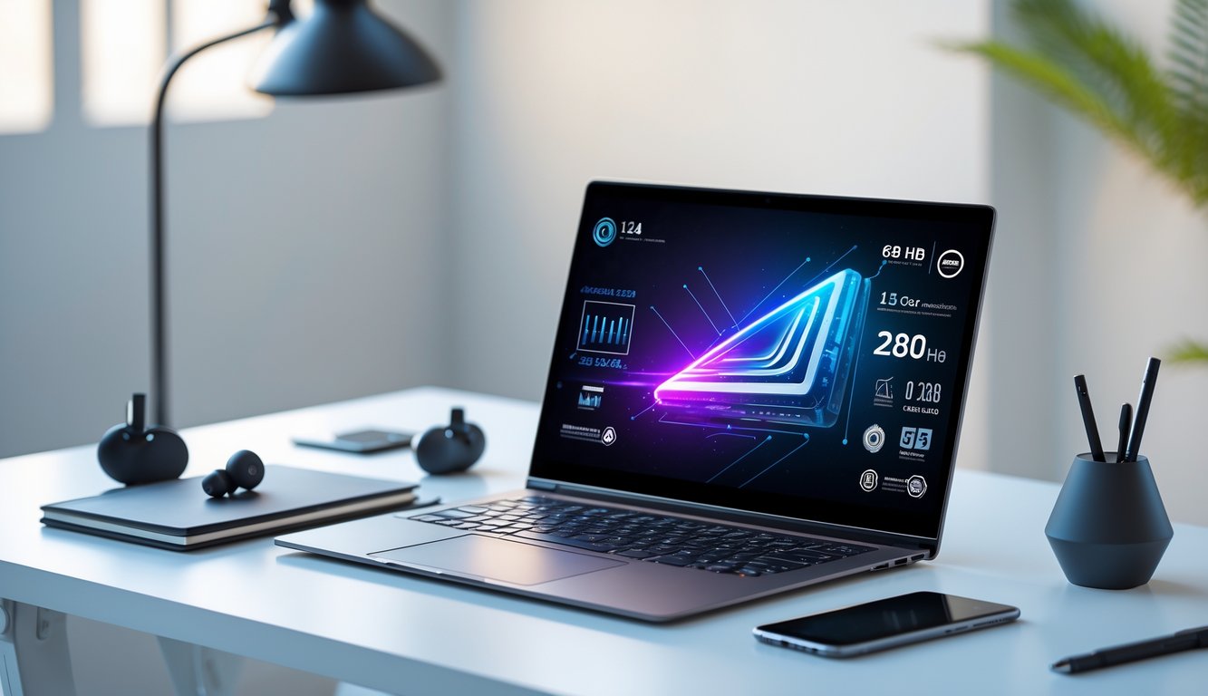 Sebuah laptop modern terbuka di atas meja kerja dengan beberapa aksesori teknologi di sekitarnya.