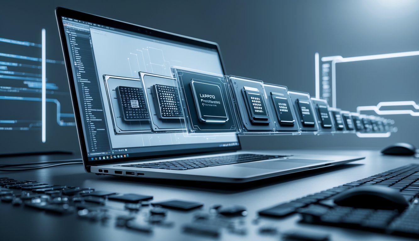 Laptop terbuka dengan proyeksi holografik beberapa prosesor laptop yang menunjukkan perkembangan teknologi prosesor dari yang lama ke yang baru.