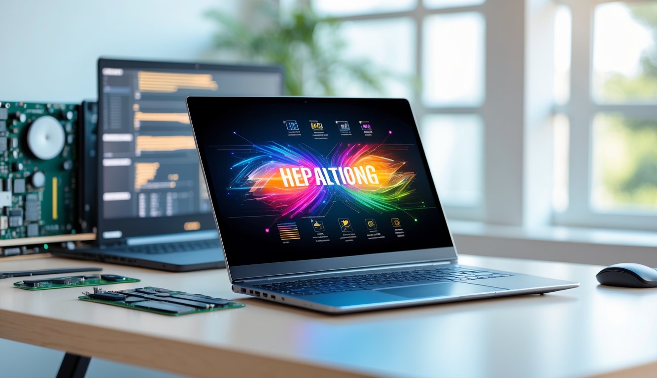 Sebuah laptop modern yang terbuka di atas meja kayu dengan latar belakang komponen komputer yang samar.