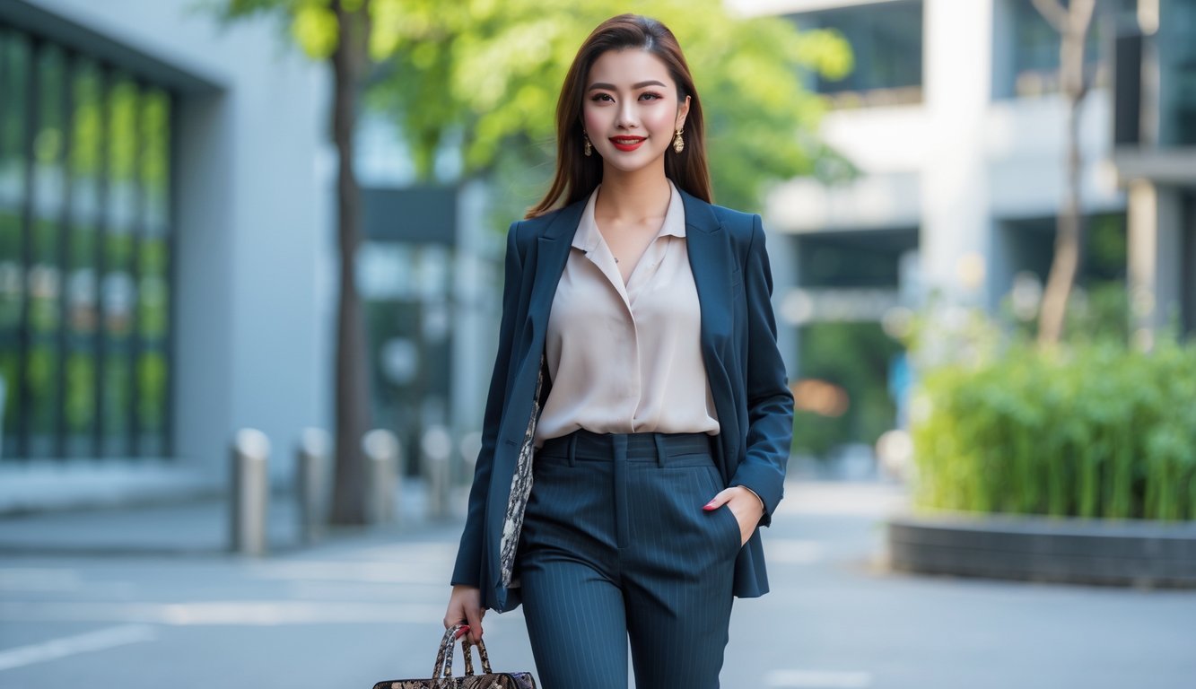 Seorang perempuan berjalan di jalan kota dengan pakaian modis dan latar belakang gedung modern dan pepohonan.