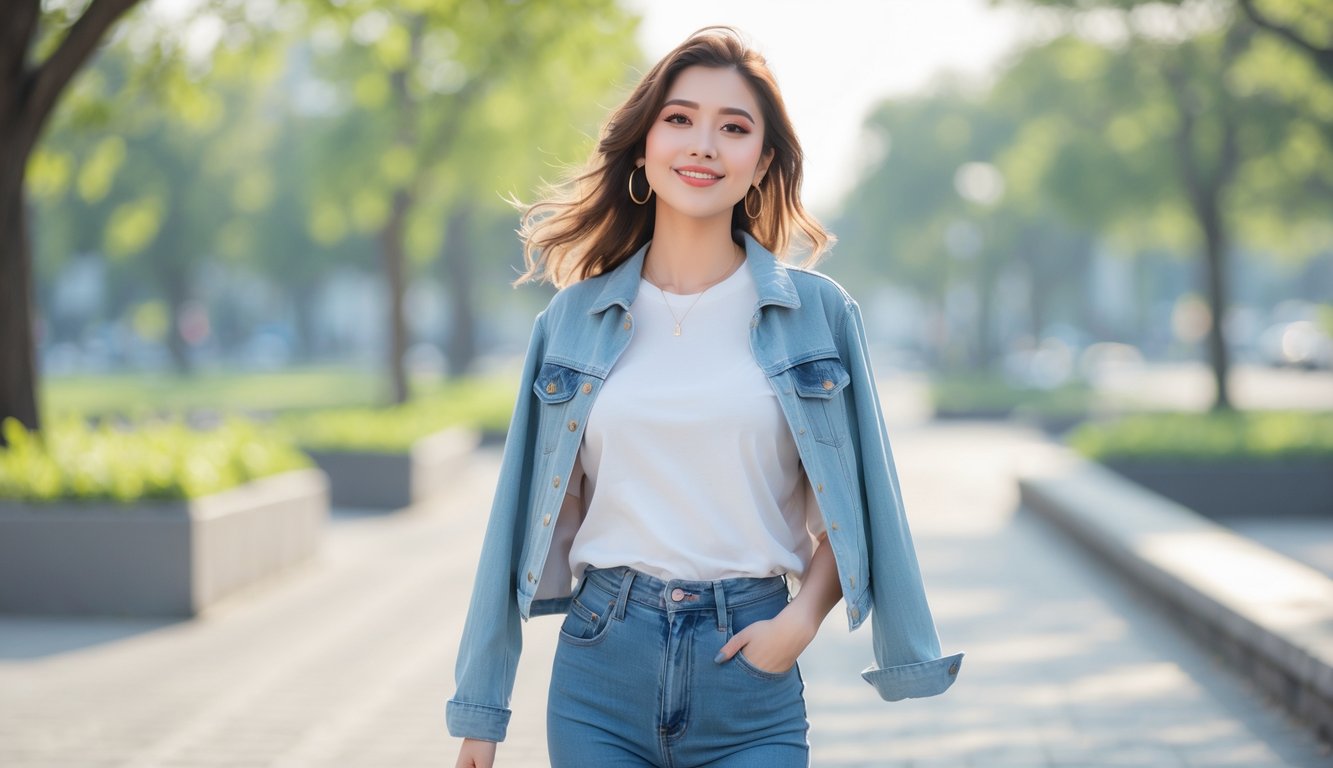 Seorang perempuan muda berdiri di luar ruangan mengenakan pakaian kasual, dengan latar belakang taman kota dan pepohonan hijau.
