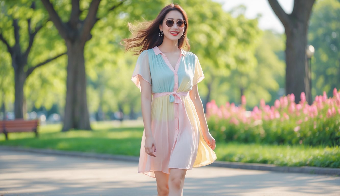 Seorang perempuan muda berdiri di taman cerah mengenakan pakaian musim panas dengan latar belakang pepohonan hijau dan bunga.