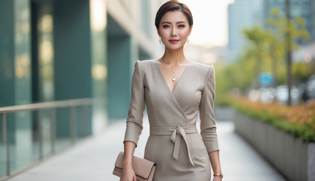 Seorang wanita berdiri di lingkungan perkotaan mengenakan pakaian yang elegan dan aksesori, dengan latar belakang bangunan dan tanaman yang kabur.