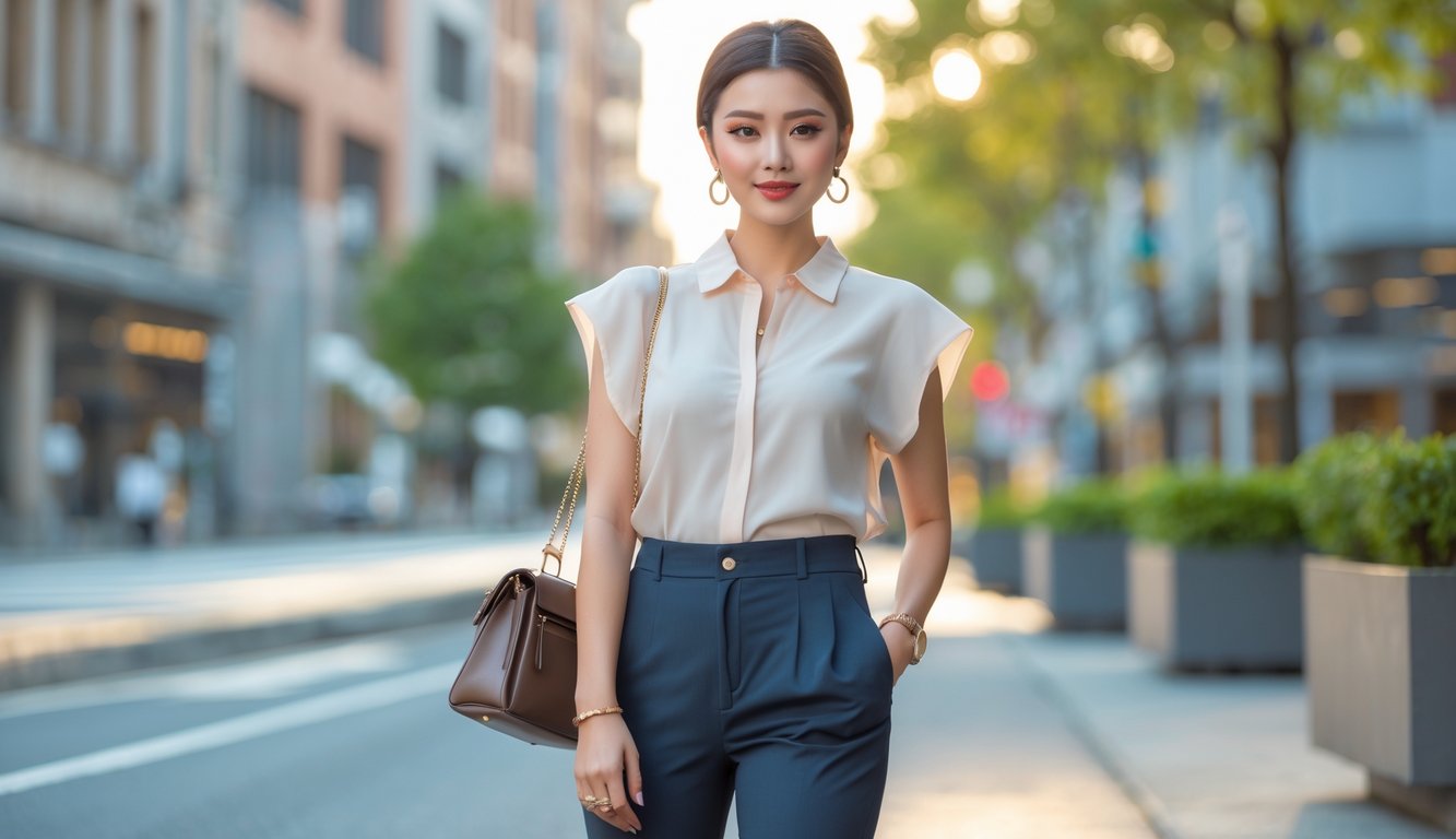 Seorang perempuan berdiri di jalan kota dengan pakaian modis terbaru, mengenakan blouse dan celana panjang, membawa tas tangan dan memakai kacamata hitam.