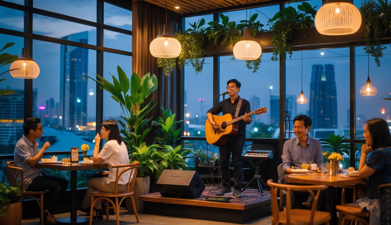 Suasana dalam sebuah kafe di Jakarta dengan musisi sedang tampil dan pengunjung menikmati musik dan makanan.