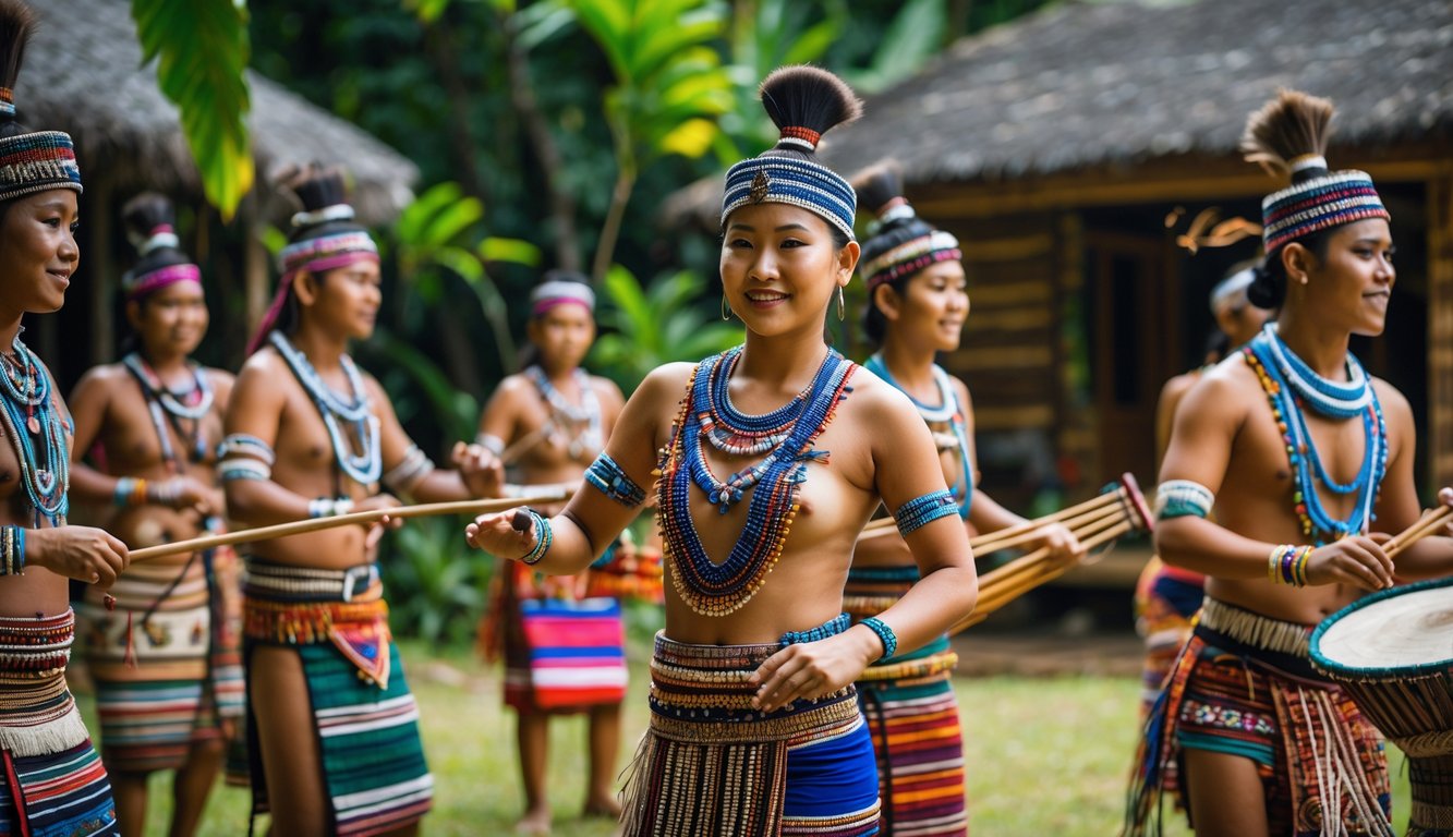Sekelompok orang mengenakan pakaian tradisional suku Indonesia sedang berkumpul di luar ruangan dengan latar belakang rumah adat dan pepohonan hijau.