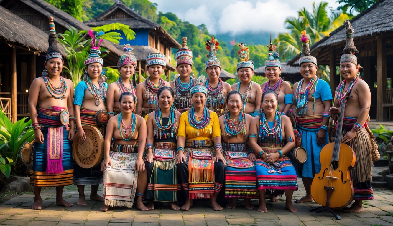 Sekelompok orang Indonesia mengenakan pakaian adat tradisional dari berbagai suku, berdiri di luar ruangan dengan latar belakang rumah tradisional dan pemandangan alam tropis.