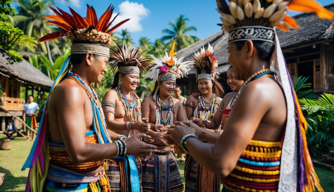 Sekelompok orang Indonesia mengenakan pakaian tradisional suku sedang melakukan upacara adat di luar ruangan dengan latar pepohonan hijau dan rumah tradisional.