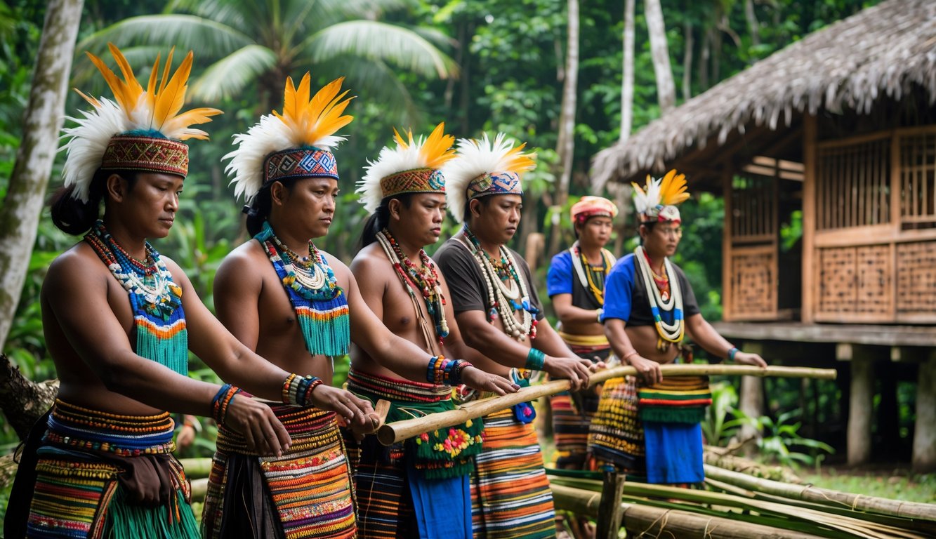Sekelompok orang Dayak mengenakan pakaian tradisional sedang melakukan upacara adat di tengah hutan tropis dengan rumah panjang di latar belakang.
