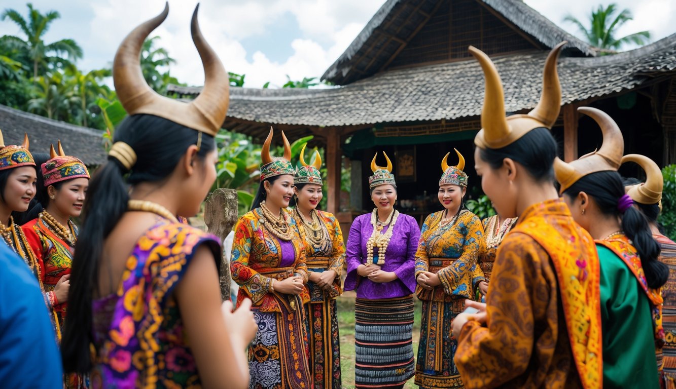Sejumlah orang Minangkabau mengenakan pakaian adat tradisional berdiri di depan rumah tradisional dengan atap melengkung khas Minangkabau.