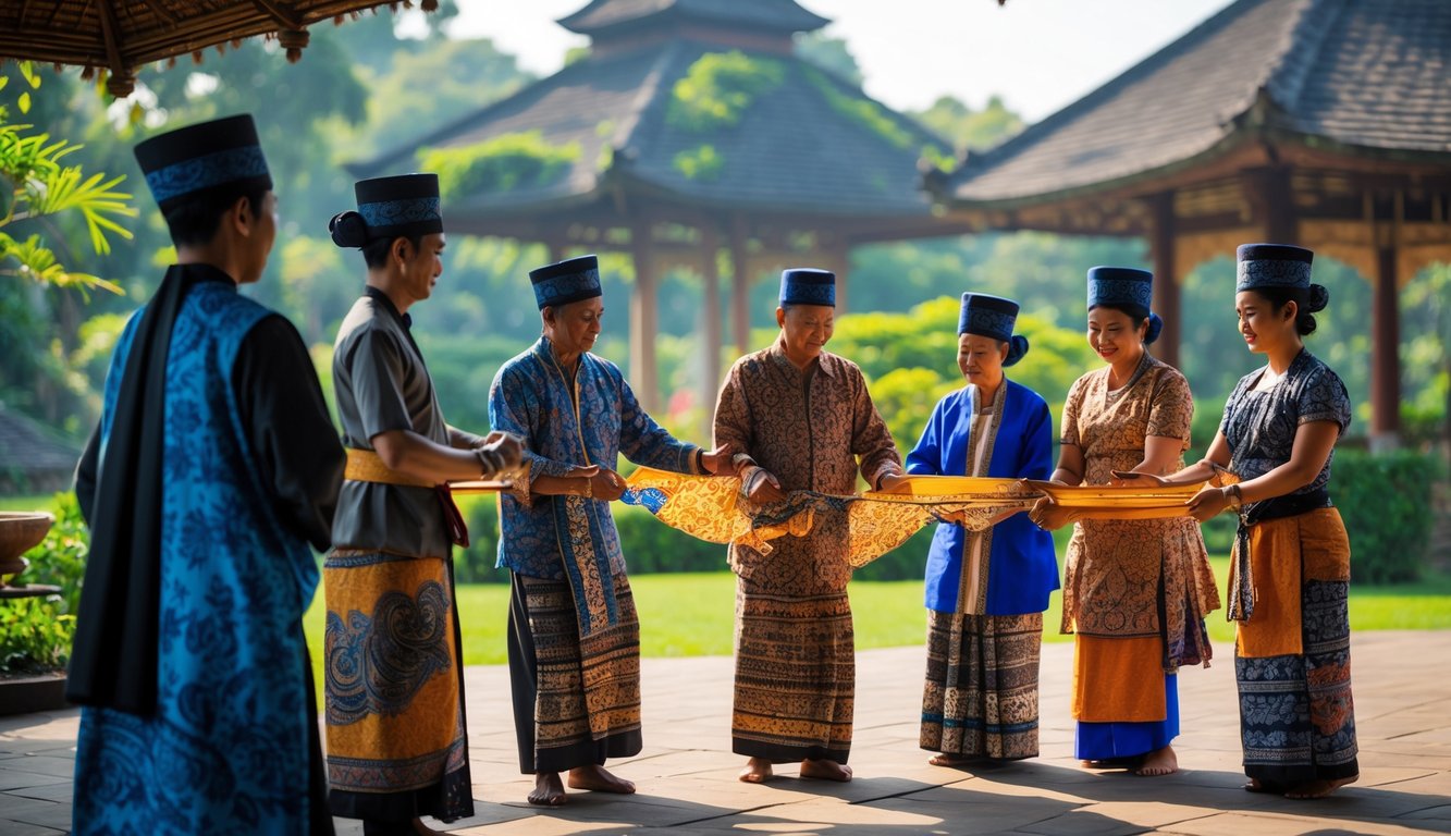 Sekelompok orang Jawa mengenakan pakaian tradisional sedang melakukan kegiatan budaya di luar ruangan dengan latar arsitektur Jawa.