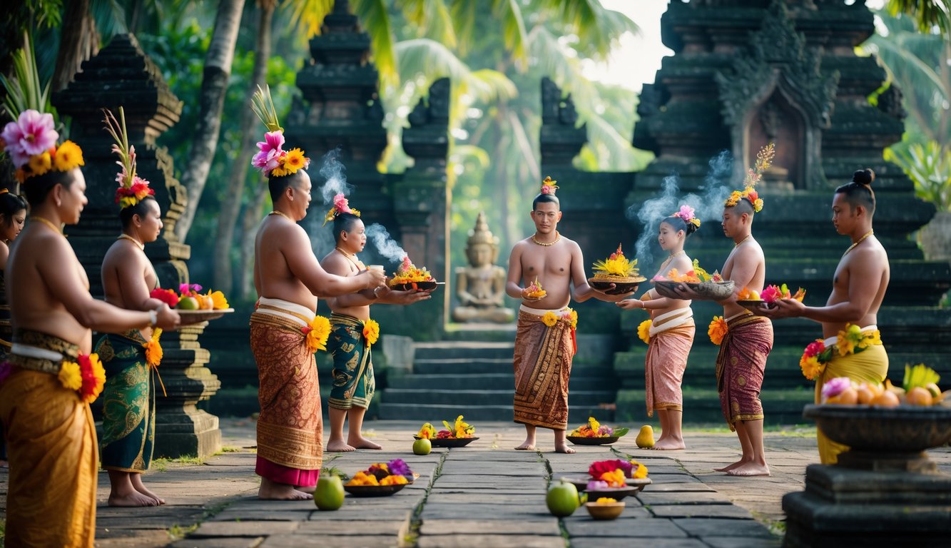 Orang-orang Bali mengenakan pakaian adat sedang melakukan upacara tradisional di luar ruangan dengan latar belakang pura dan tanaman tropis.